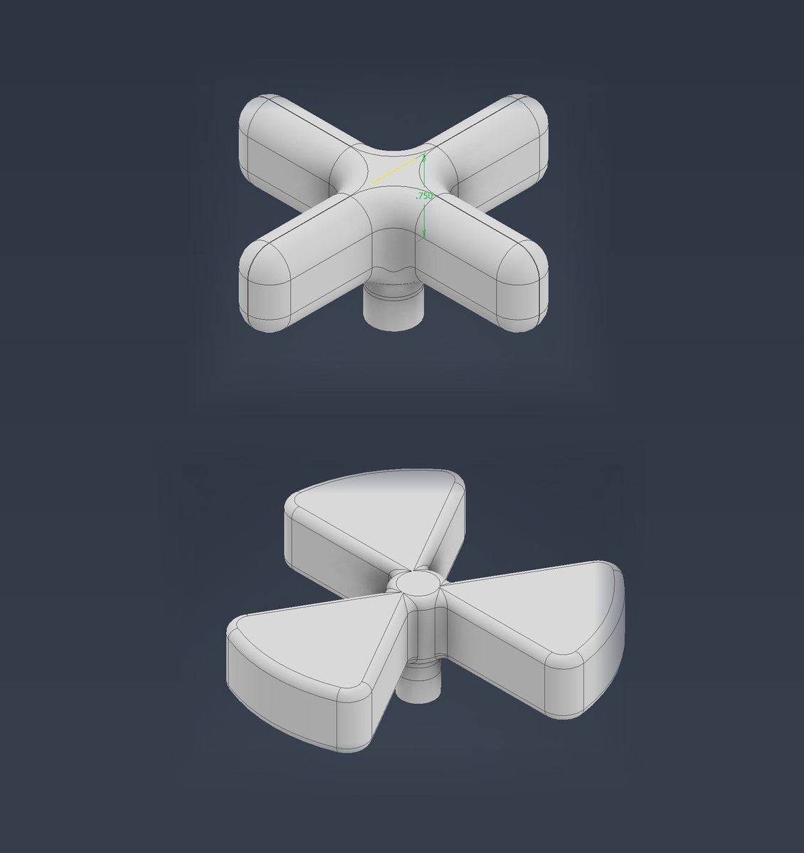 CAD renders of a cross-shaped valve handle and a three-blade handle